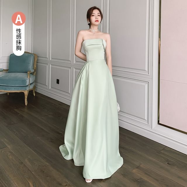 Spaghetti Strap Plain A-Line Evening Gown / Strapless Evening Gown / Short-Sleeve Mesh Panel A-Line Evening Gown