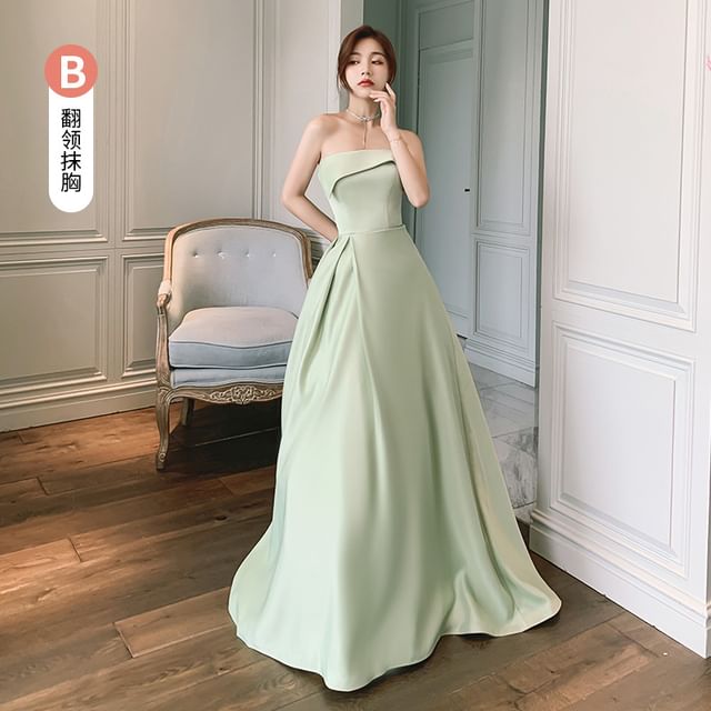 Spaghetti Strap Plain A-Line Evening Gown / Strapless Evening Gown / Short-Sleeve Mesh Panel A-Line Evening Gown