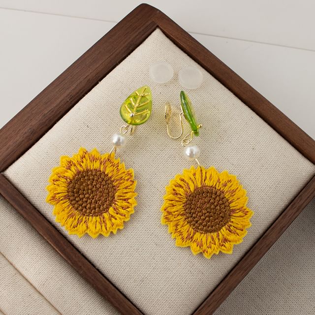 Crochet Clip-On Sunflower / Drop Earring