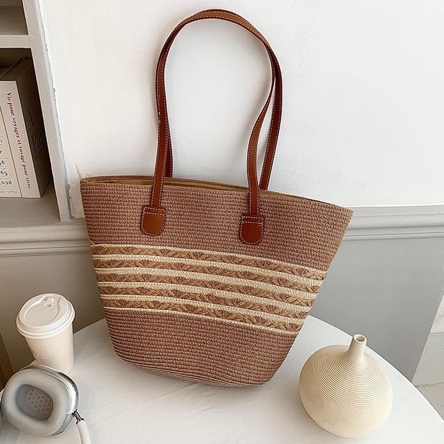 Two Tone Straw Tote Bag