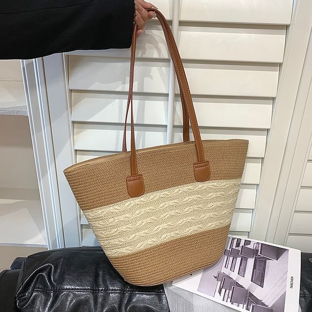 Two Tone Straw Tote Bag