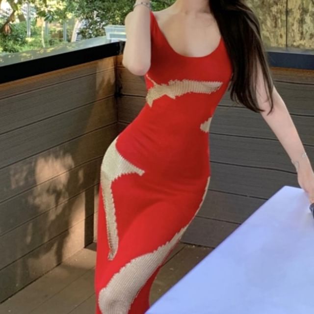 Neck Patterned Maxi Dress Bodycon Scoop Sleeveless Open Back