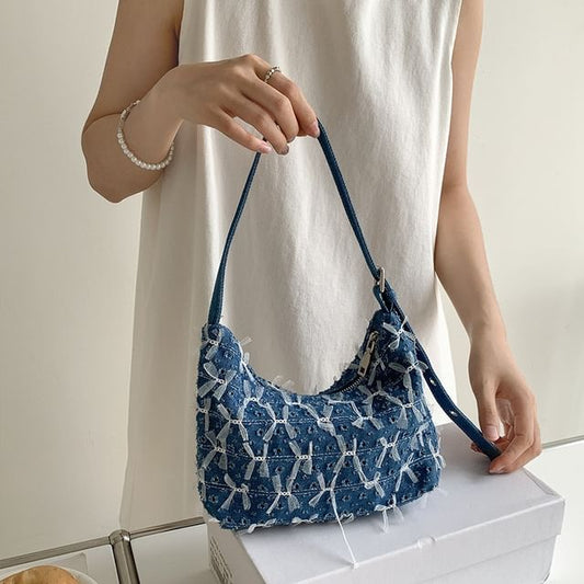 Denim Bag Washed Perforated Shoulder Bow