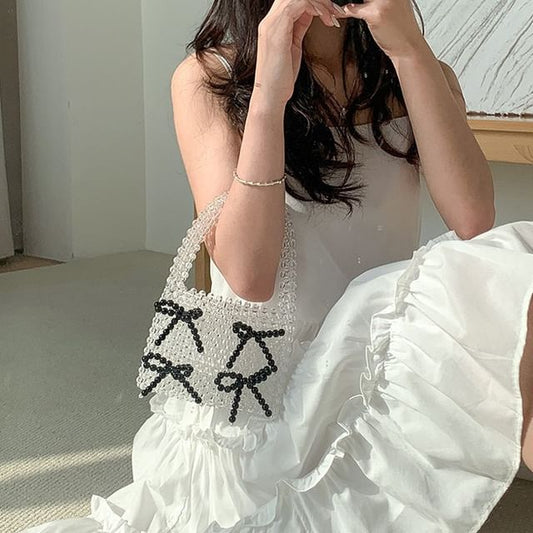 Bow Beaded Accent Handbag