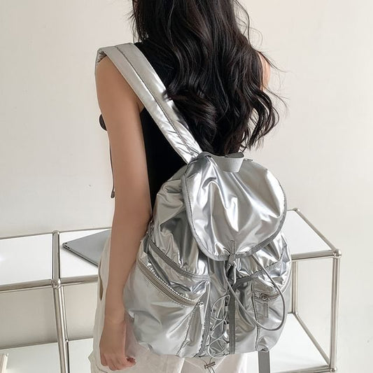 Drawstring Plain Backpack Flap