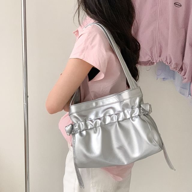 Faux Leather Drawstring Plain Bag Tote