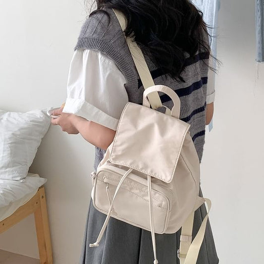 Nylon Flap Backpack Plain Drawstring