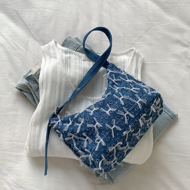 Denim Bag Washed Perforated Shoulder Bow