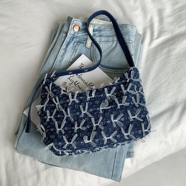 Denim Bag Washed Perforated Shoulder Bow