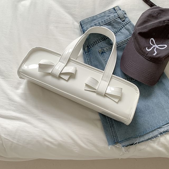 Patent Shoulder Bow Plain Bag Accent Leather