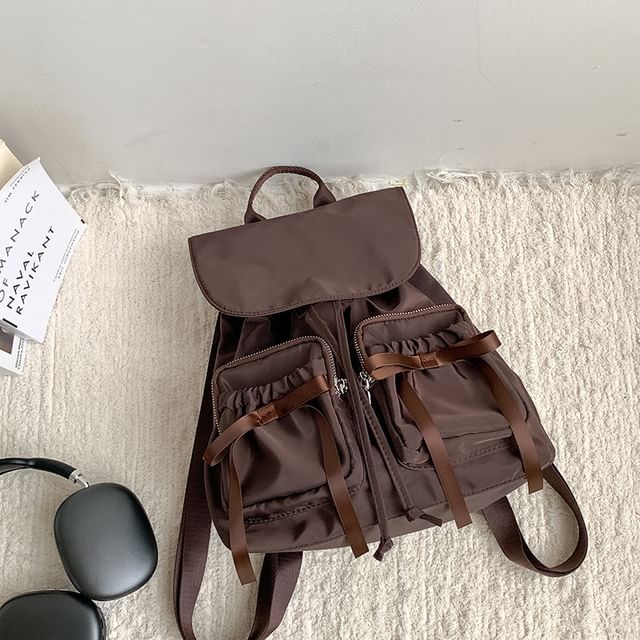 Flap Accent Bow Backpack Drawstring Plain Nylon