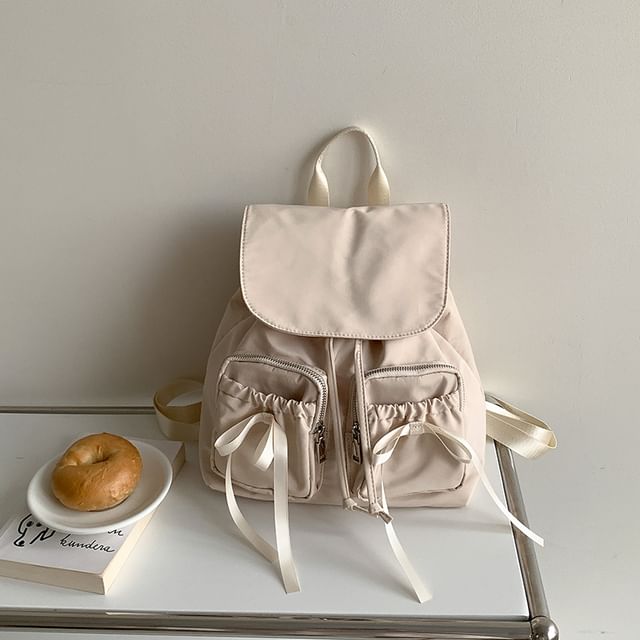 Flap Accent Bow Backpack Drawstring Plain Nylon