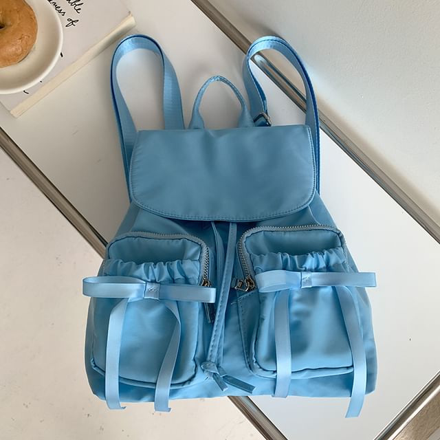 Flap Accent Bow Backpack Drawstring Plain Nylon