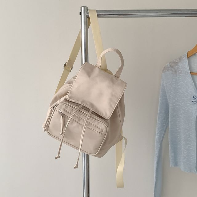 Nylon Flap Backpack Plain Drawstring