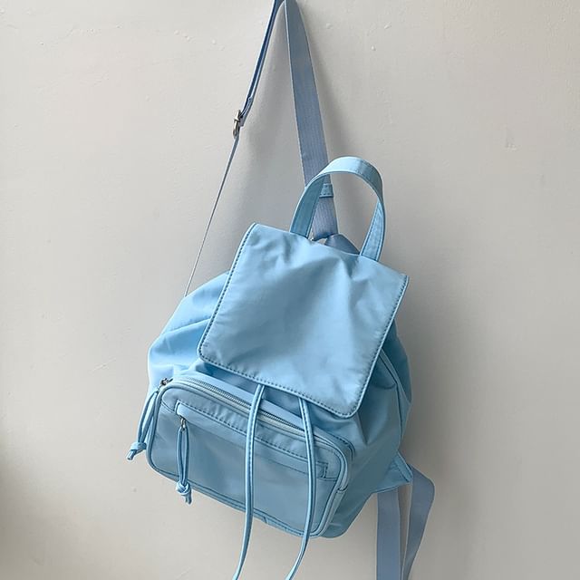 Nylon Flap Backpack Plain Drawstring