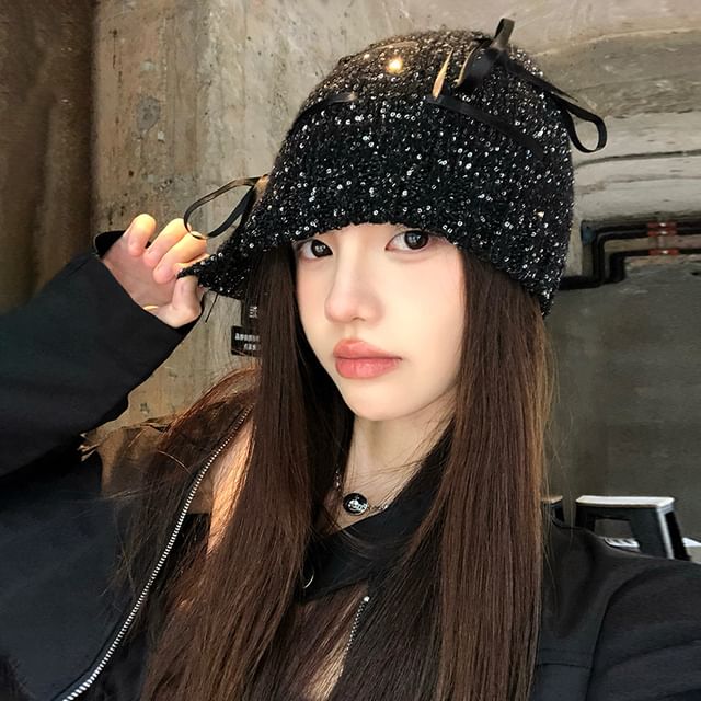 Bow Sequin Beanie