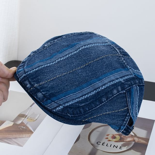 Washed Striped Denim Flat Cap