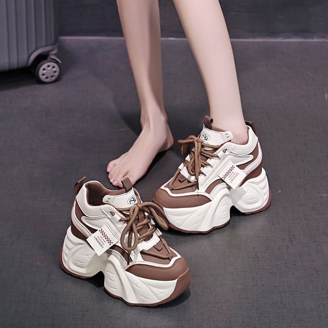 Applique Leather Hidden Sneakers Faux Lace-Up Wedge