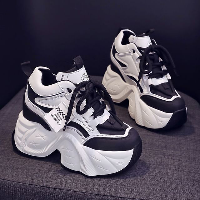 Applique Leather Hidden Sneakers Faux Lace-Up Wedge