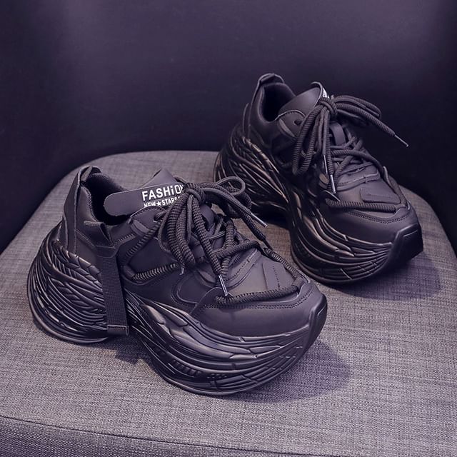 Lace-Up Leather Sneakers Platform Plain Faux