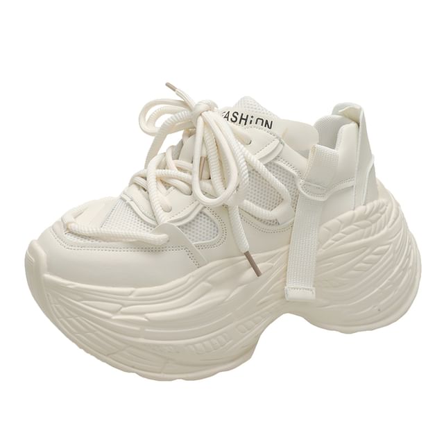 Mesh Faux Lace-Up Plain Sneakers Platform Panel Leather