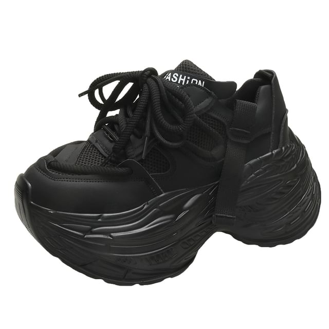 Mesh Faux Lace-Up Plain Sneakers Platform Panel Leather