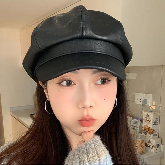 Leather Newsboy Cap Faux Plain