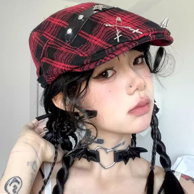 Plaid Pin Accent Cap Newsboy