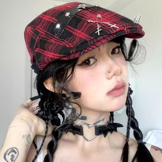 Plaid Pin Accent Cap Newsboy