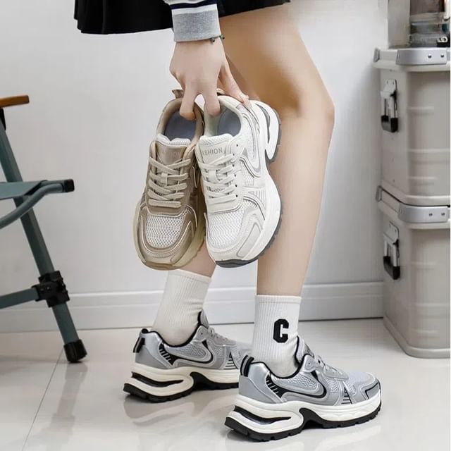 Platform Panel Mesh Lace-Up Sneakers