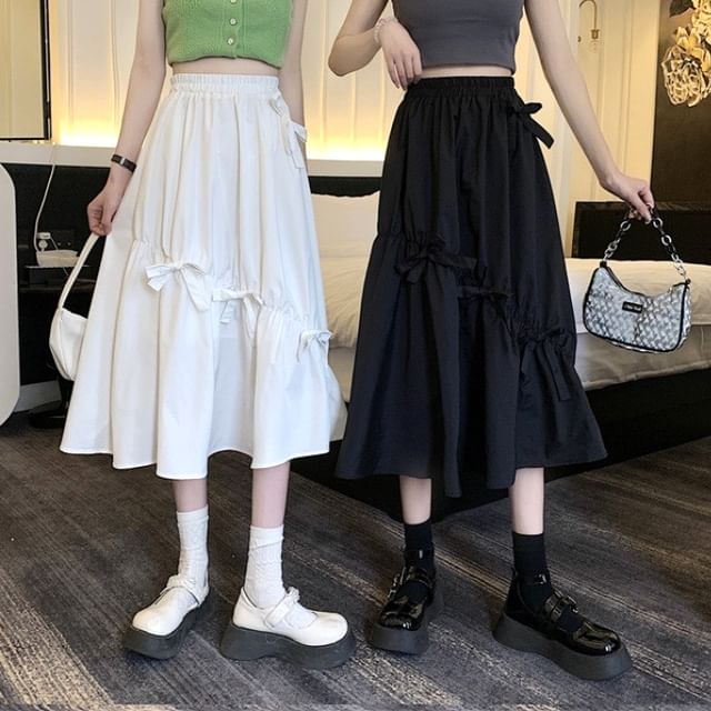 Midi Waist Plain High Skirt Bow A-Line