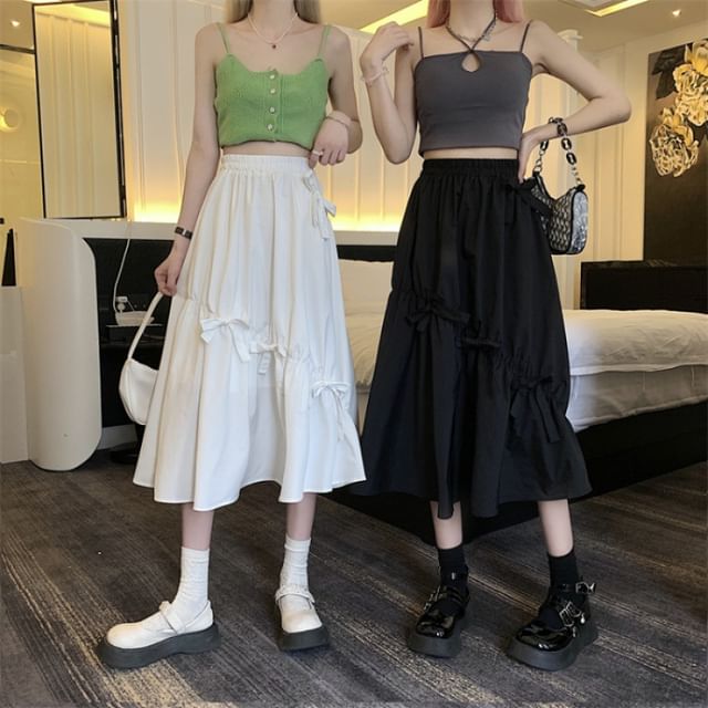 Midi Waist Plain High Skirt Bow A-Line