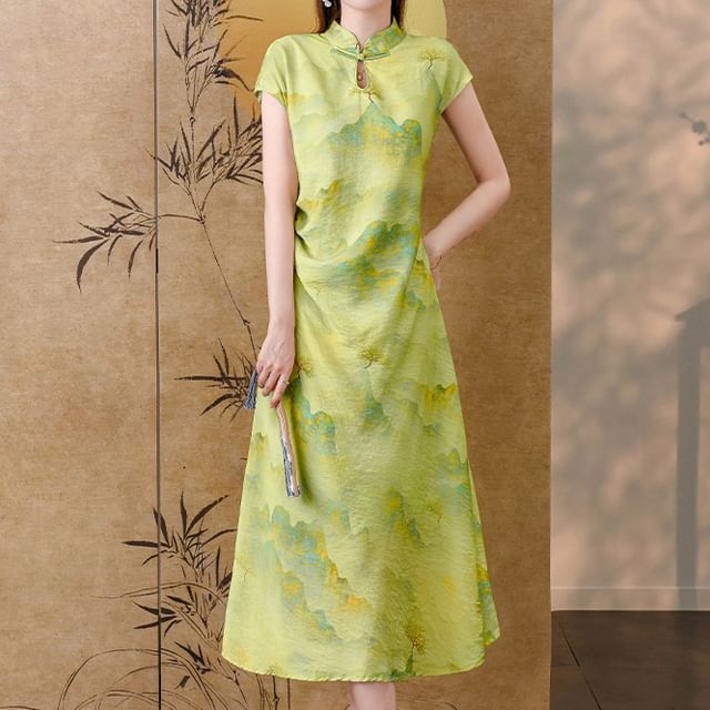 Short-Sleeve Stand Collar Print Midi A-Line Dress