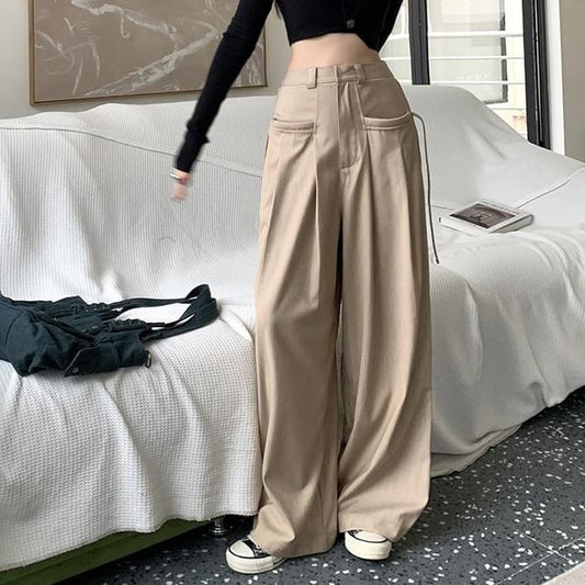 Plain Leg Pants Pleated High Suit Rise Wide