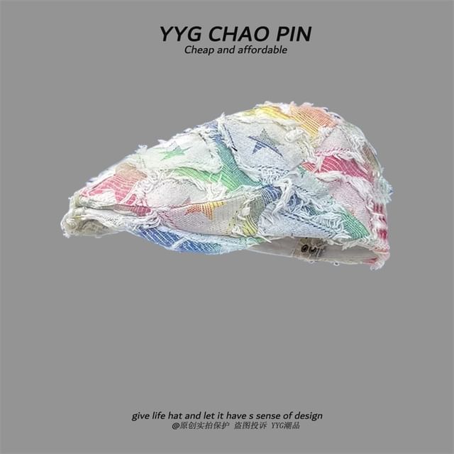 / Newsboy Denim Gradient Distressed Fringed Trim Print Cap Star