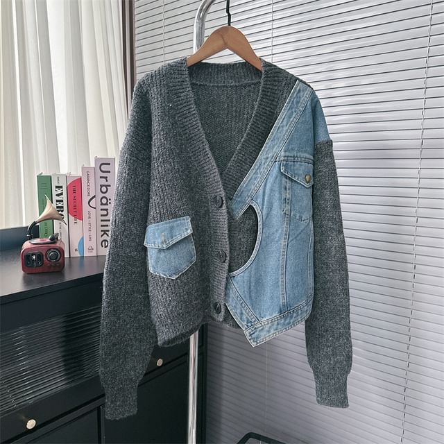 V-Neck Denim Panel Cardigan