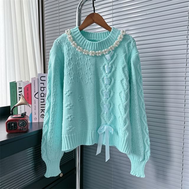 Round Neck Ribbon Faux Pearl Sweater