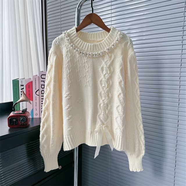 Round Neck Ribbon Faux Pearl Sweater