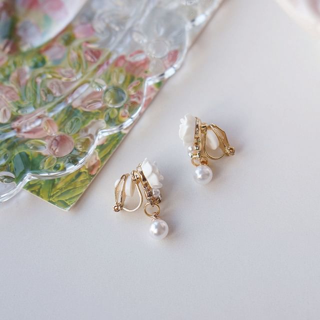 Floral Rhinestone Faux Pearl Drop Earring / Clip-On Earring