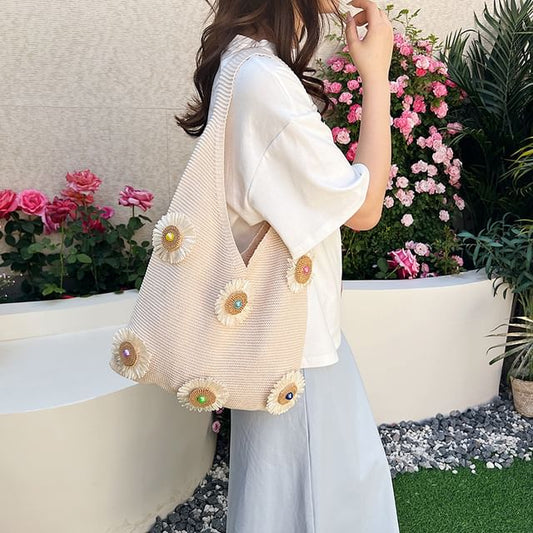Bag Shopper Flower Knit Accent