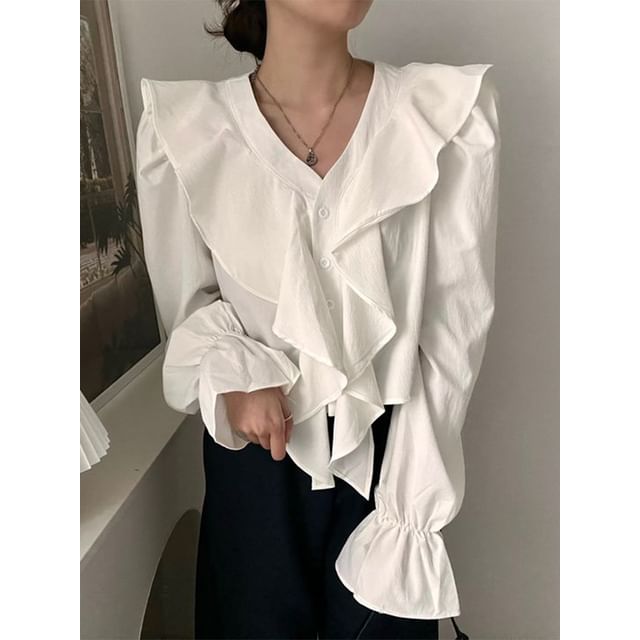 Long Sleeve V-Neck Plain Ruffle Blouse