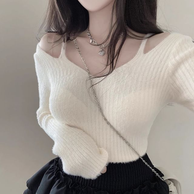 Cold Shoulder V-Neck Plain Ribbed Crop Sweater