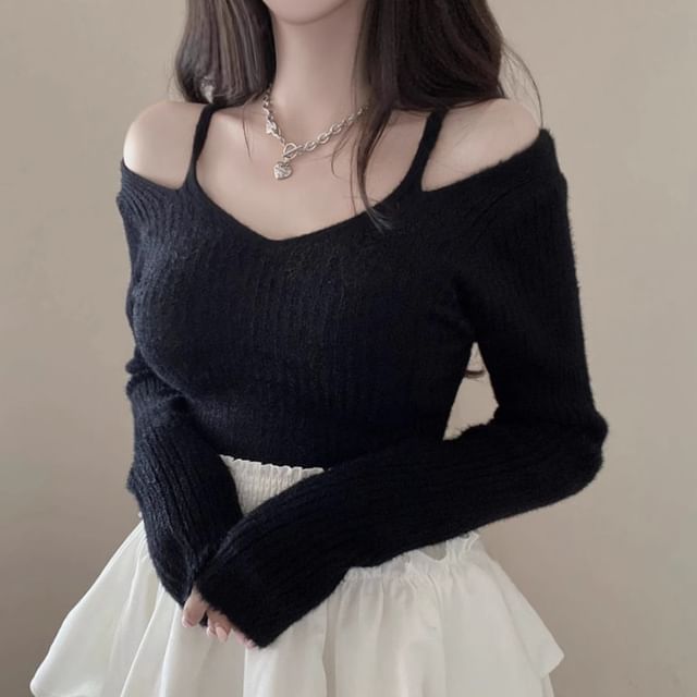 Cold Shoulder V-Neck Plain Ribbed Crop Sweater