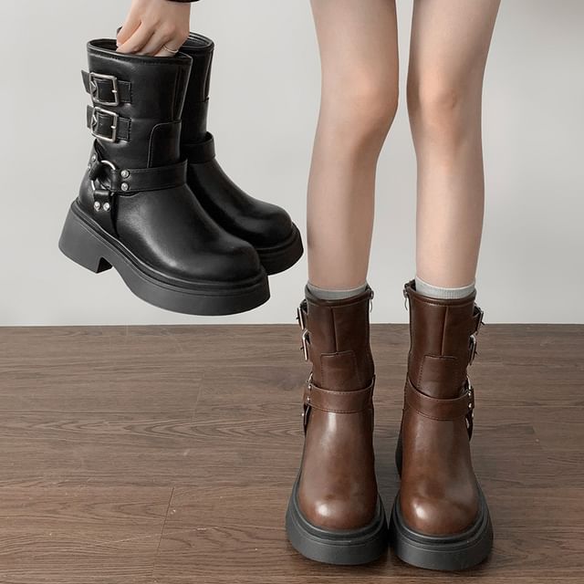 Platform Buckled Boots Plain Short