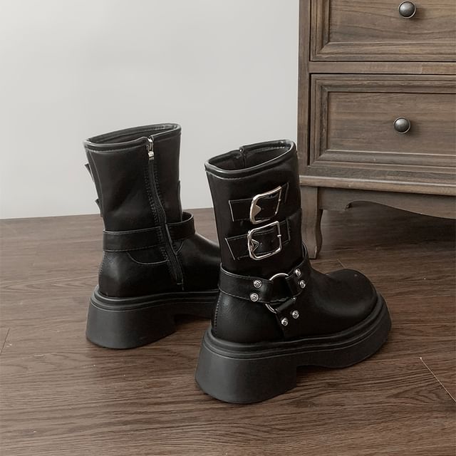 Platform Buckled Boots Plain Short