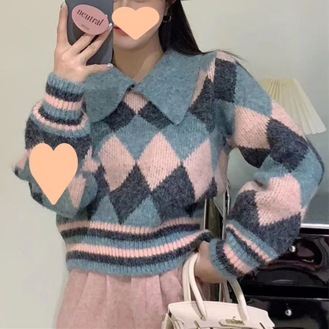 Oversized Collared Argyle-Print Knit Sweater