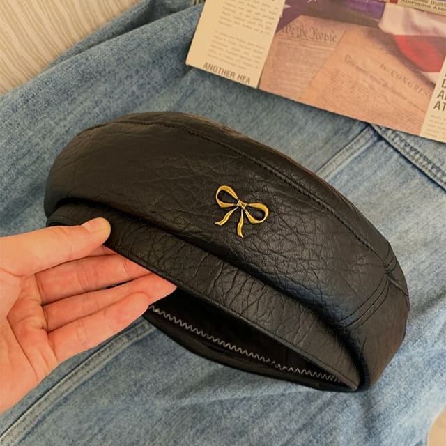 Ribbon Accent Faux Leather Beret