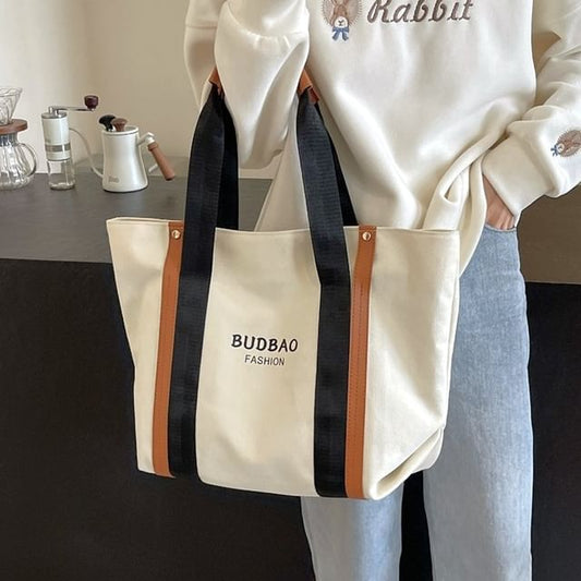 Bag Color Lettering Print Canvas Block Tote
