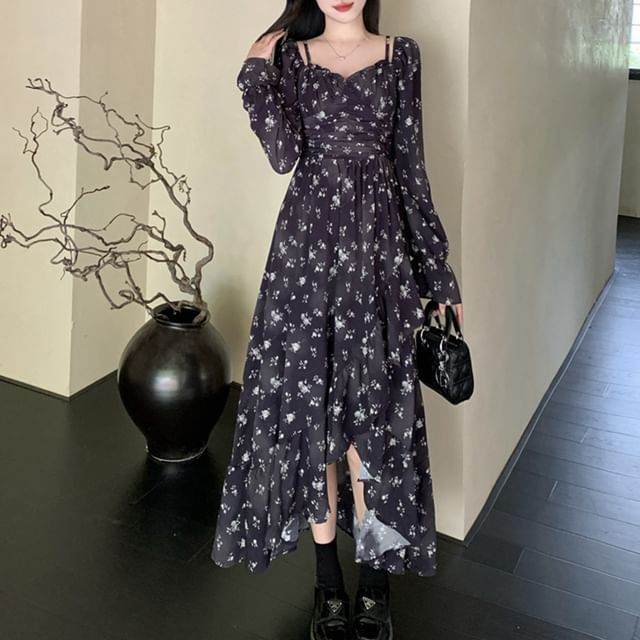 Long Sleeve V-Neck Floral Print Ruffle Ruched Midi A-Line Dress