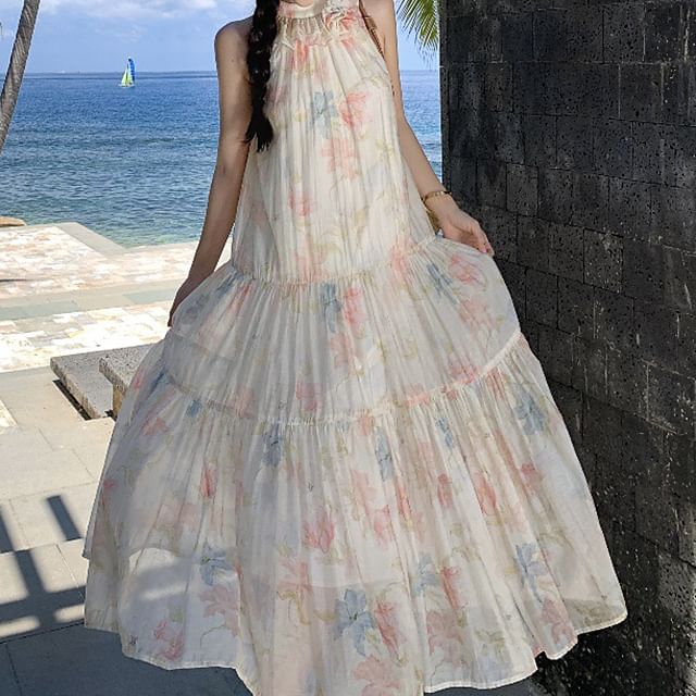 Halter Tiered Sleeveless Sundress Midi A-Line Floral